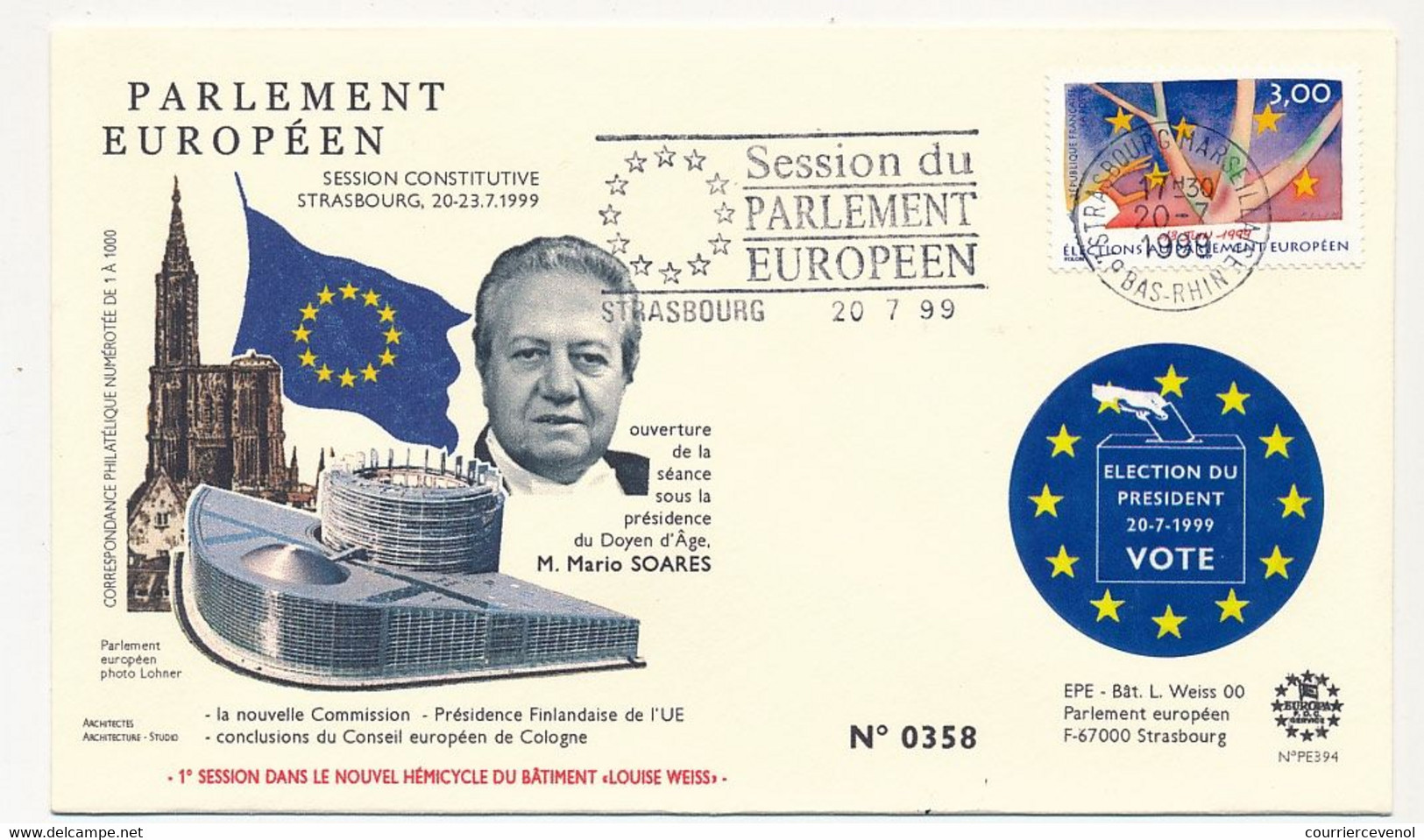 FRANCE - STRASBOURG OMEC Strasbourg Marseillaise 20/7/1999 - Session Du Parlement Européen - Mario Suares - Storia Postale