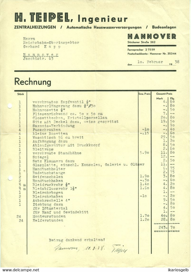 Hannover Rechnung 1938 " H.Teipel Ingenieur Zentralheizungen Badeanlagen " - Électricité & Gaz