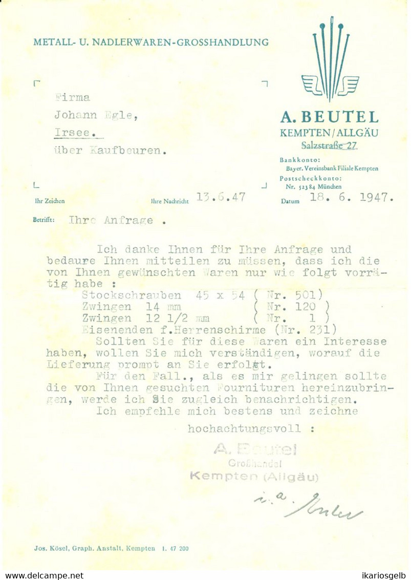 Kempten Allgäu Deko Rechnung 1947 " A.Beutel Näh- Und Stecknadeln Großhandel " - Textile & Vestimentaire