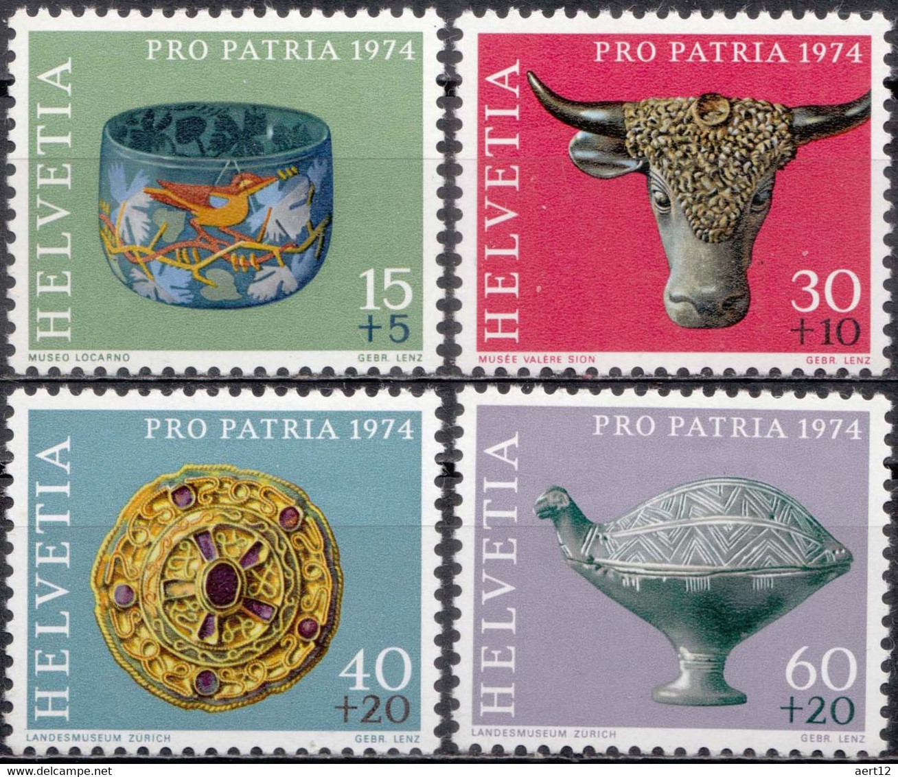 1974, Switzerland, Pro Patria, Archaeology, Art, Bronze Age, Ceramics, Glass And Earthenware,  MNH(**), Mi: 1031-1034 - Archeologia