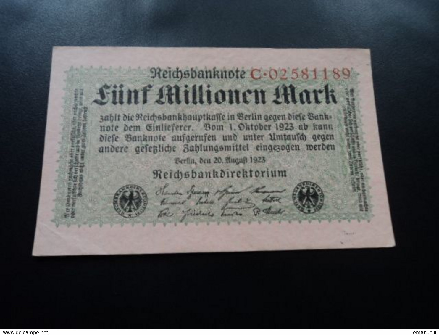 ALLEMAGNE * : 5 MILLIONEN MARK   22.8.1923     CA 104a, ** / P 105     SUP+ - 5 Mio. Mark