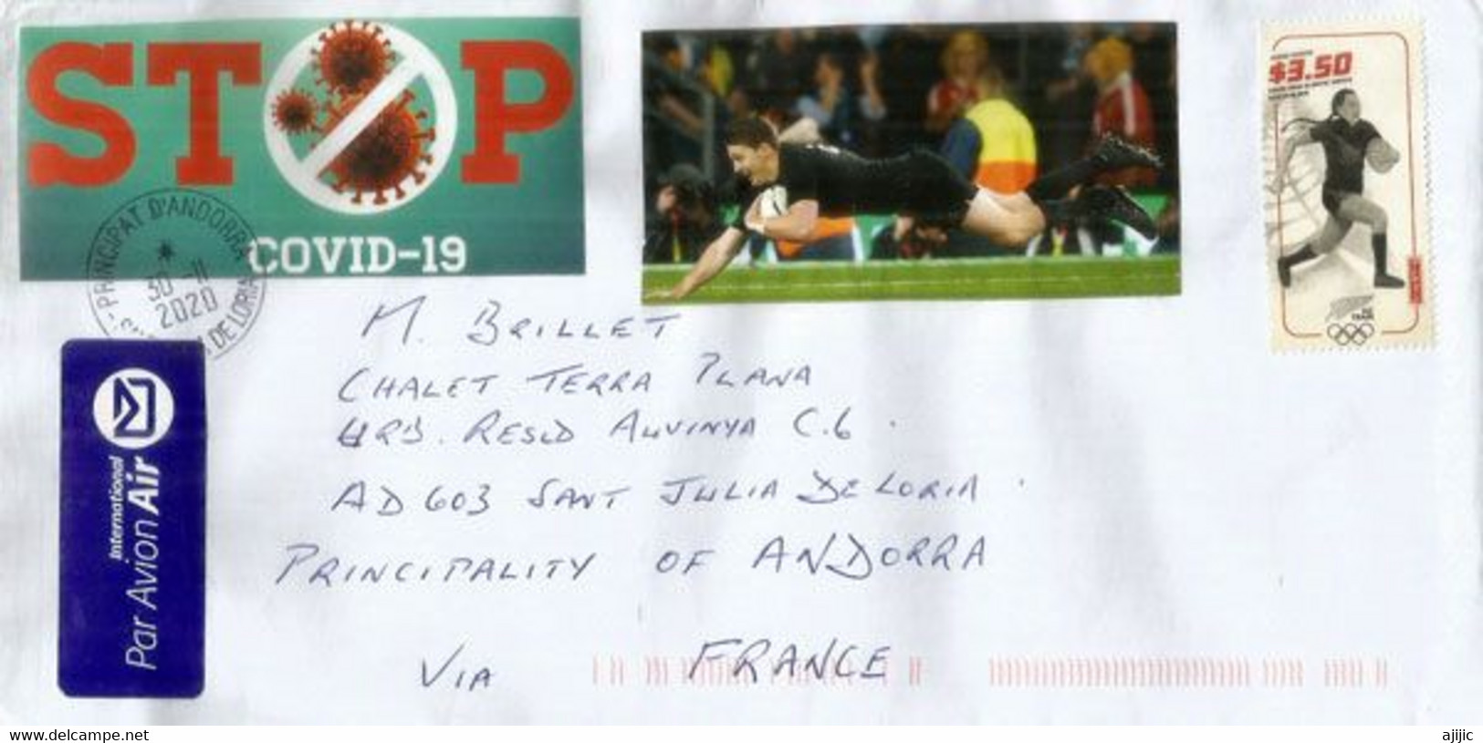 Stop Covid19 Sticker On Letter From New-Zealand 2020 Sent To Andorra, With Arrival Postmark - Brieven En Documenten