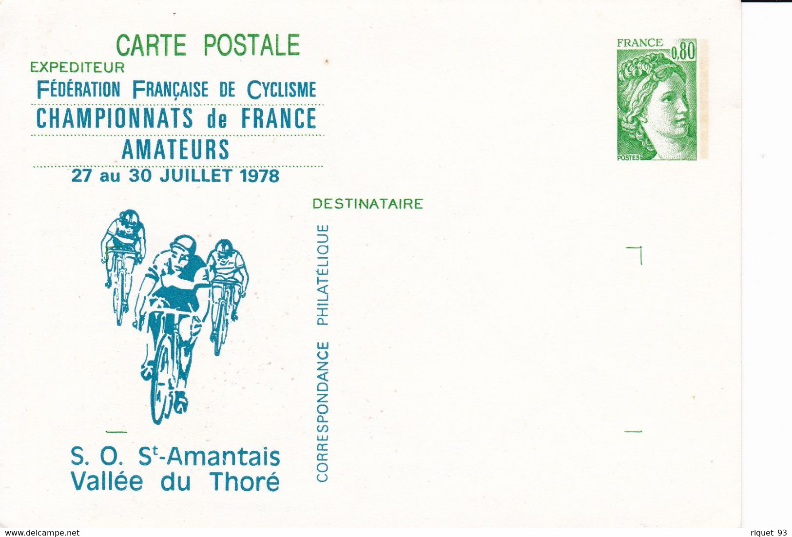 FFC - Championnats De France Amateurs Juillet 1978 - S.O. St-Amantais-Vallée Du Thoré (sur Carte Entier Postal) - Radsport