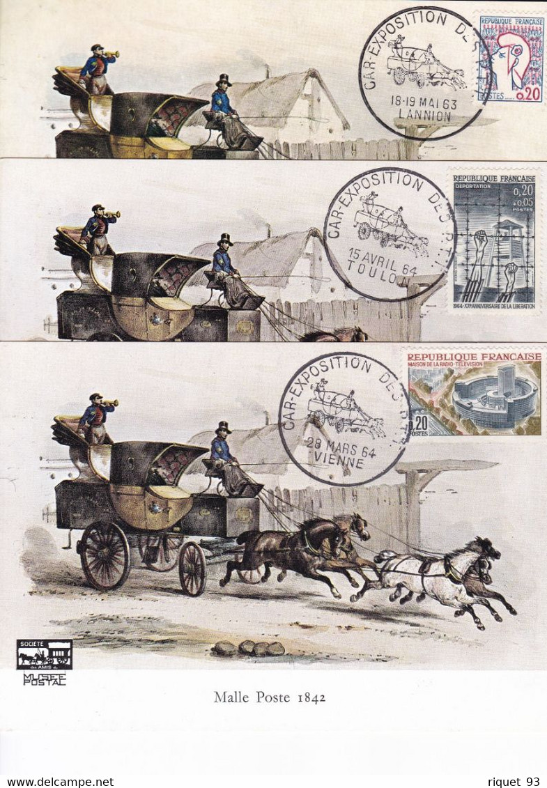 Lot 3 Cp Malle Poste 1842 - CAR-EXPOSITION DES P.T.T. Avec Cachets Philatéliques De 3 Villes Différentes De 1963-64 - Sonstige & Ohne Zuordnung