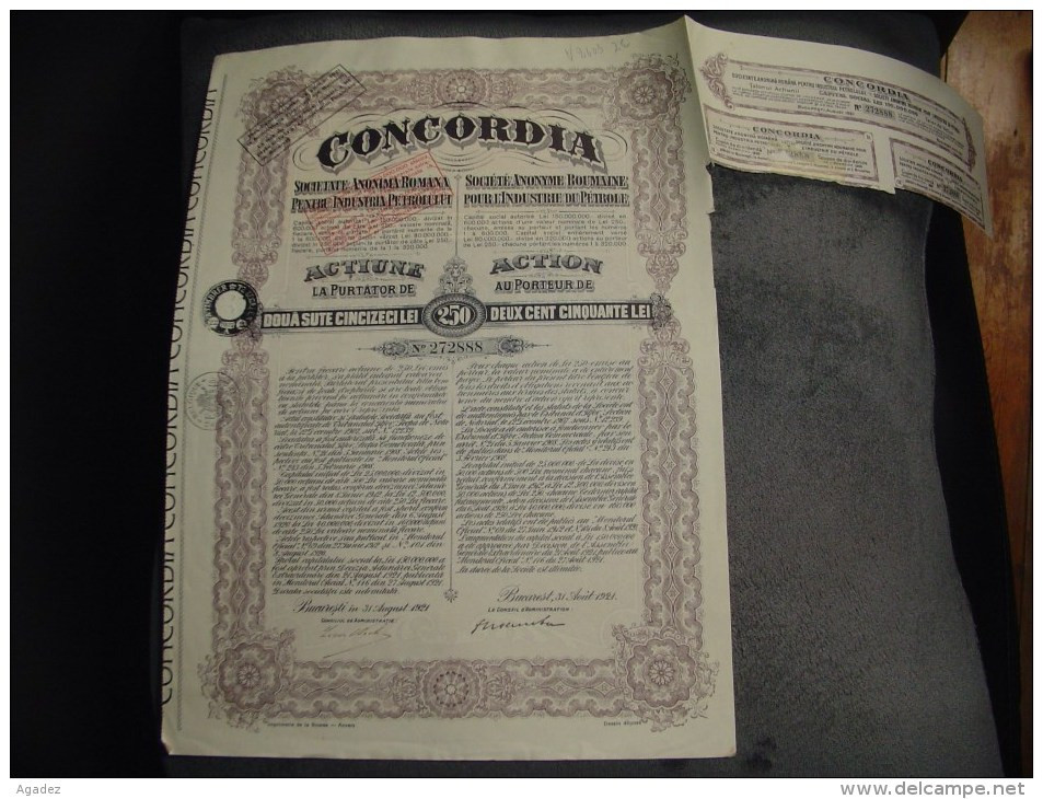 Action"Concordia,société Anonyme Roumaine Pour L'industrie Du Pétrole"1921 Oil Bon état. - Aardolie