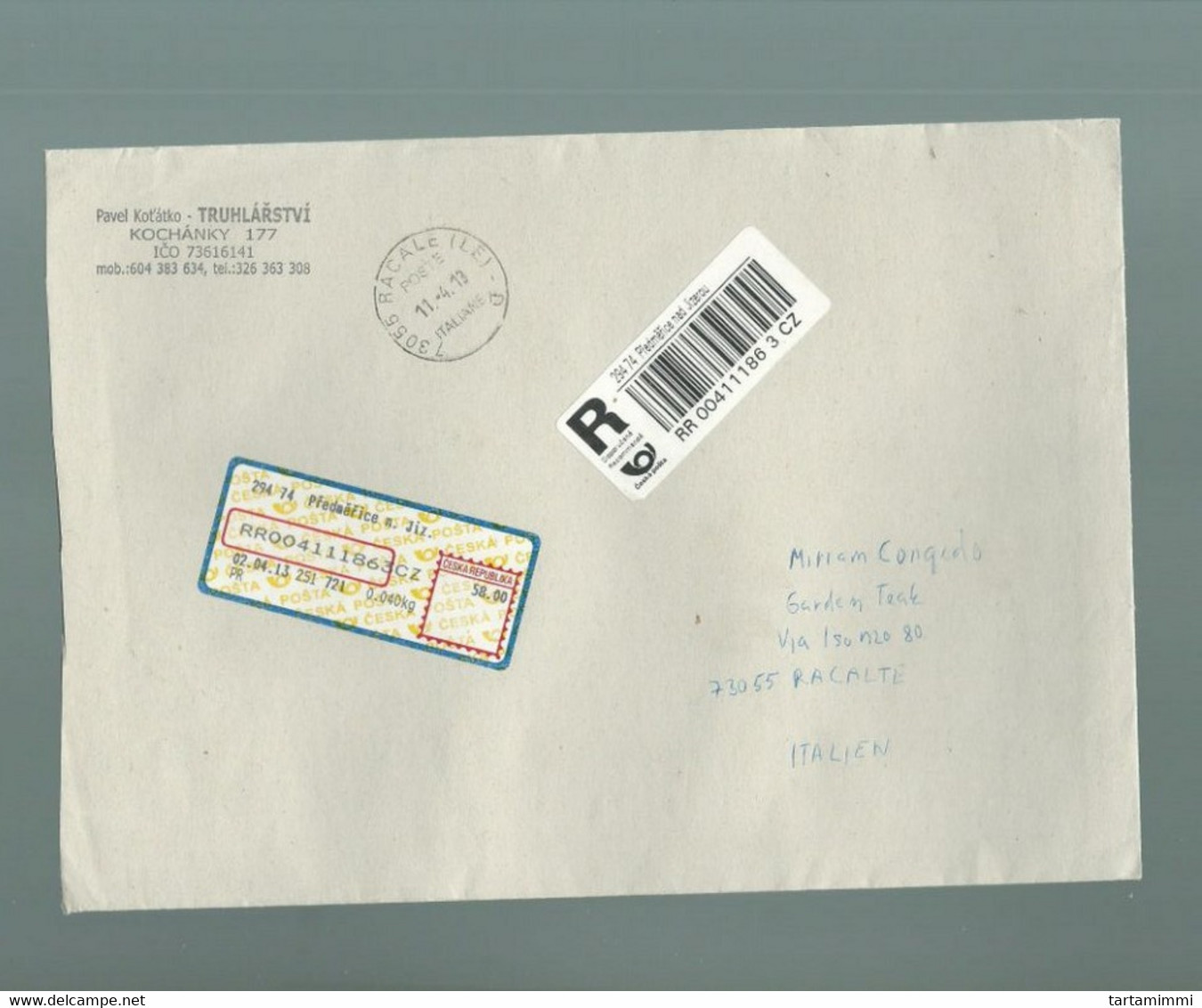 CESKA REPUBLIKA REGISTERED MAIL TO ITALY 2013 - Covers & Documents