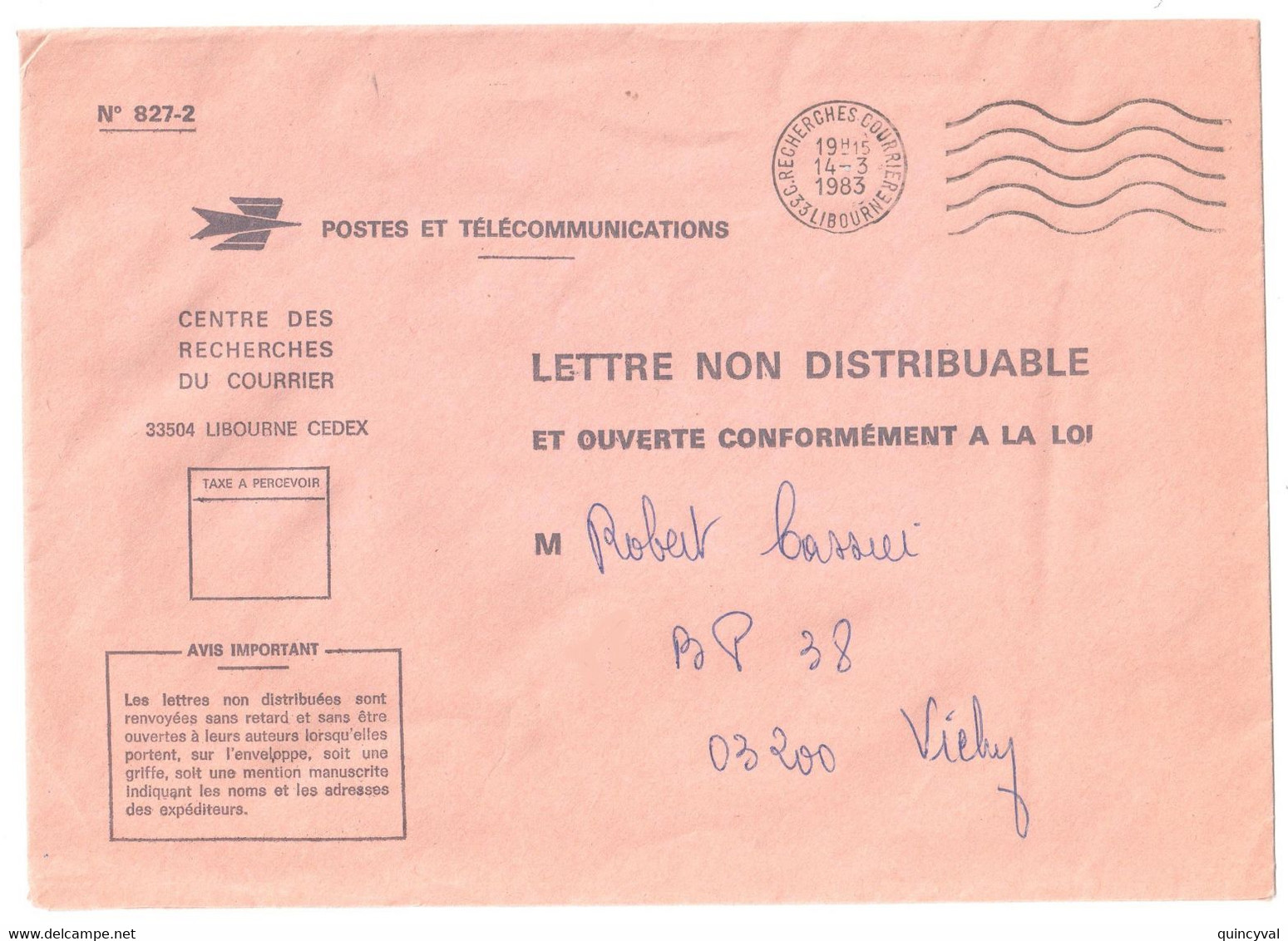 C RECHERCHES COURRIER Libourne Ob Meca 1983 Enveloppe Réexpédition Lettre NON DISTRIBUABLE Ouverte Conformément Loi - Oblitérations Mécaniques (Autres)