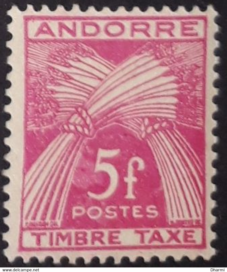 ANDORRE FR TAXE N°37 NEUF**  COT 3.25€ 5f Timbre Taxe - Autres & Non Classés