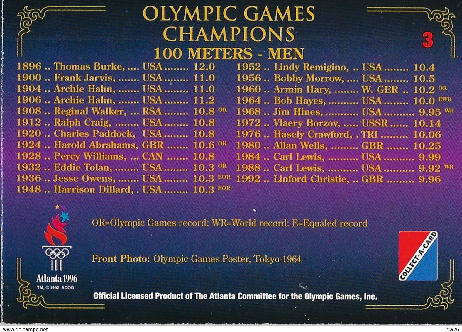 Centennial Olympic Games Atlanta 1996, Collect Card N° 3 - Poster Tokyo 1964 - Palmarès Champions 100 M Men - Trading Cards