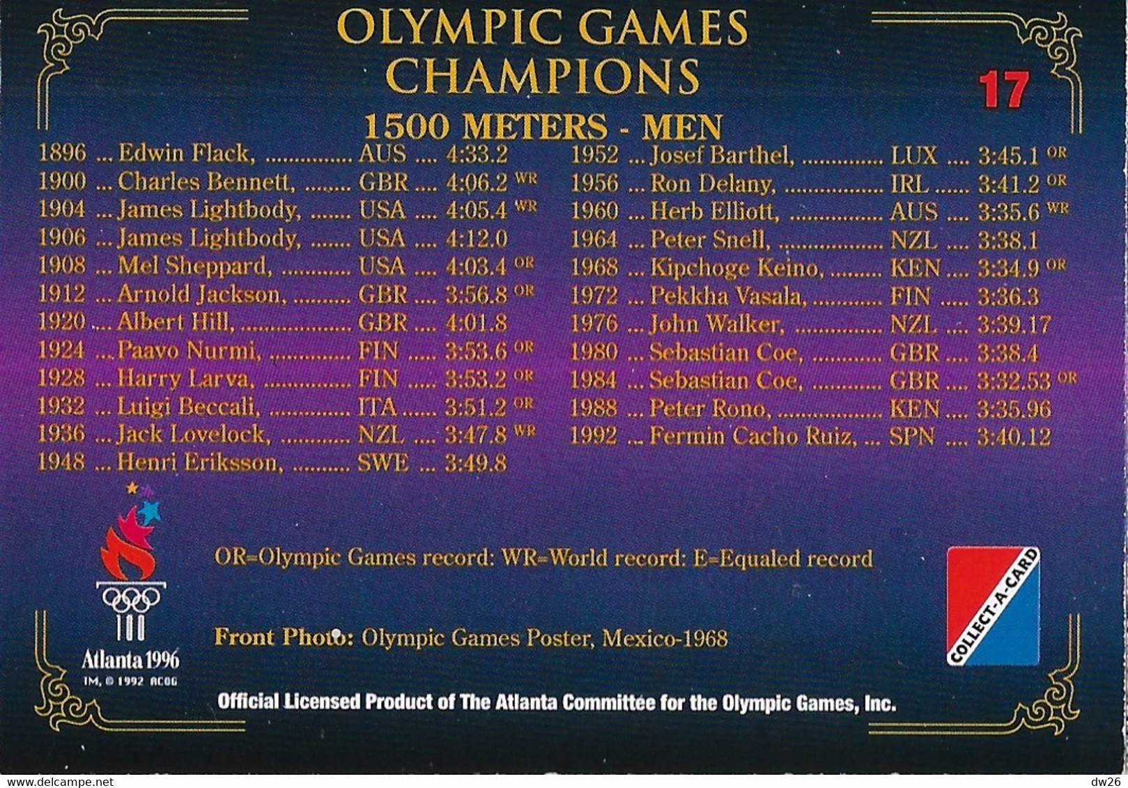 Centennial Olympic Games Atlanta 1996, Collect Card N° 17 - Poster Mexico 1968 - Palmarès Champions 1500 M Men - Trading-Karten