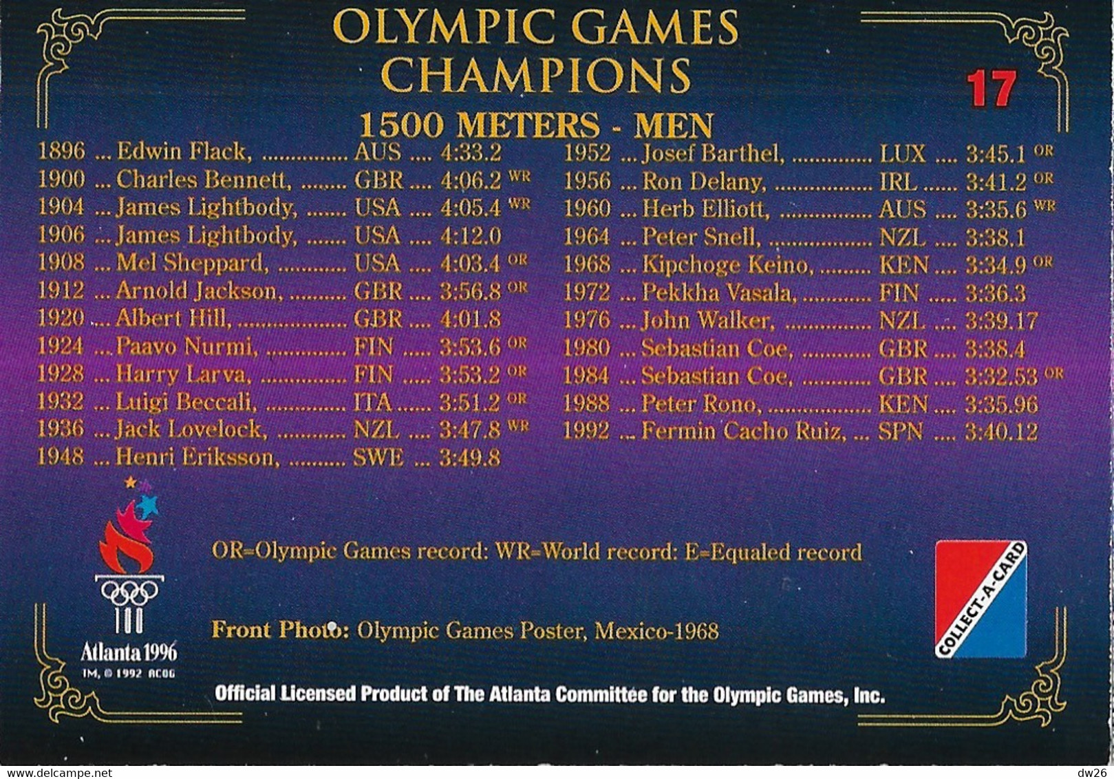 Centennial Olympic Games Atlanta 1996, Collect Card N° 17 - Poster Mexico 1968 - Palmarès Champions 1500 M Men - Trading Cards