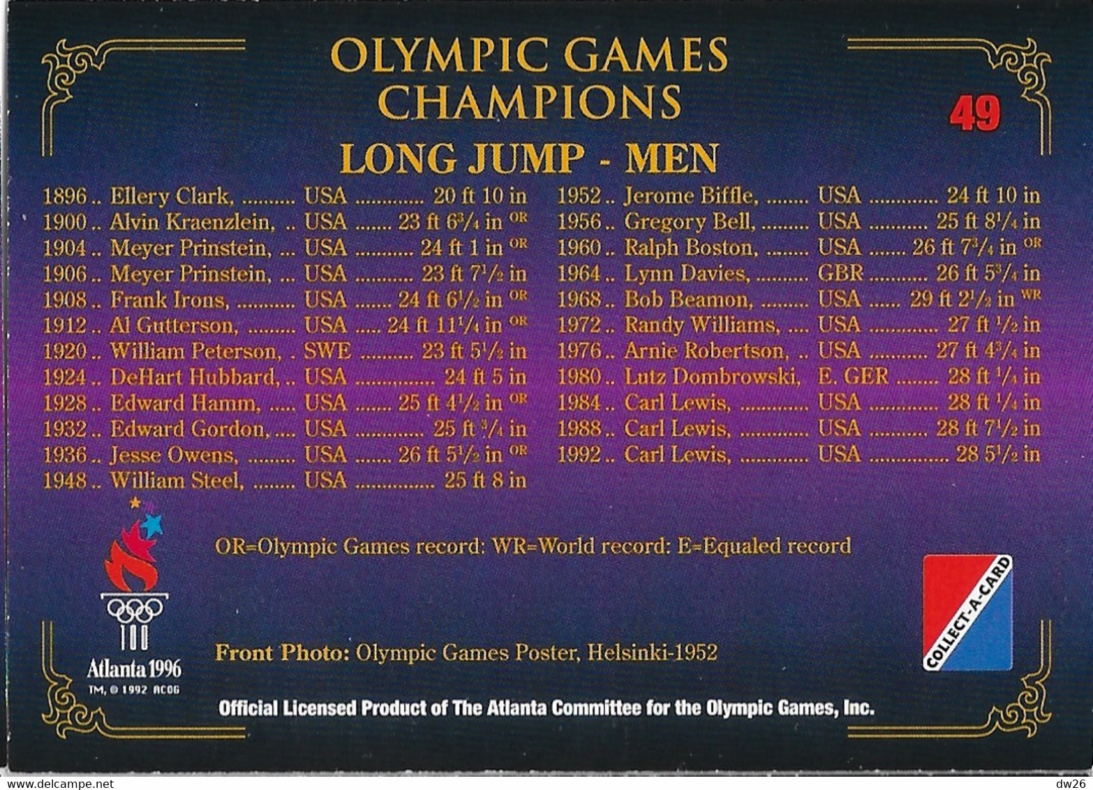 Centennial Olympic Games Atlanta 1996, Collect Card N° 49 - Poster Helsinki 1952 - Palmarès Champions Long Jump Men - Trading Cards