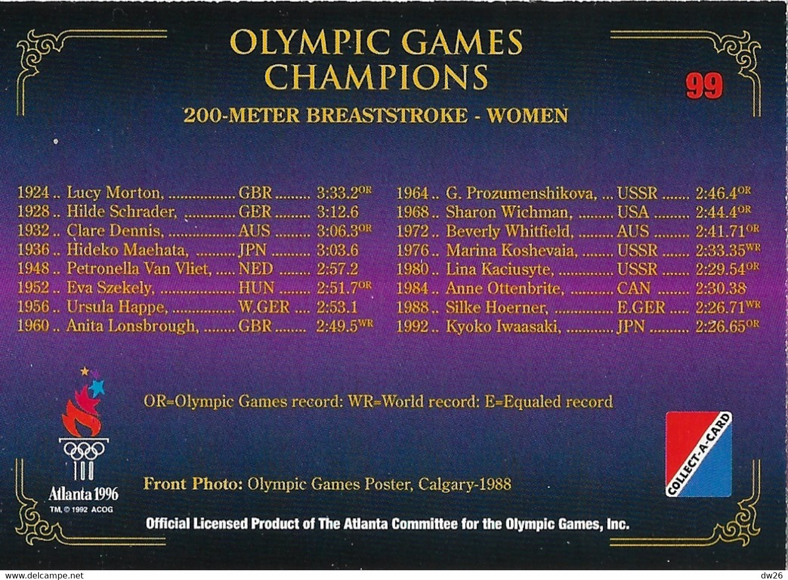 Centennial Olympic Games Atlanta 1996, Collect Card N° 99 - Poster Calgary 1988 - Palmarès 200 M Brasse Women Natation - Trading Cards