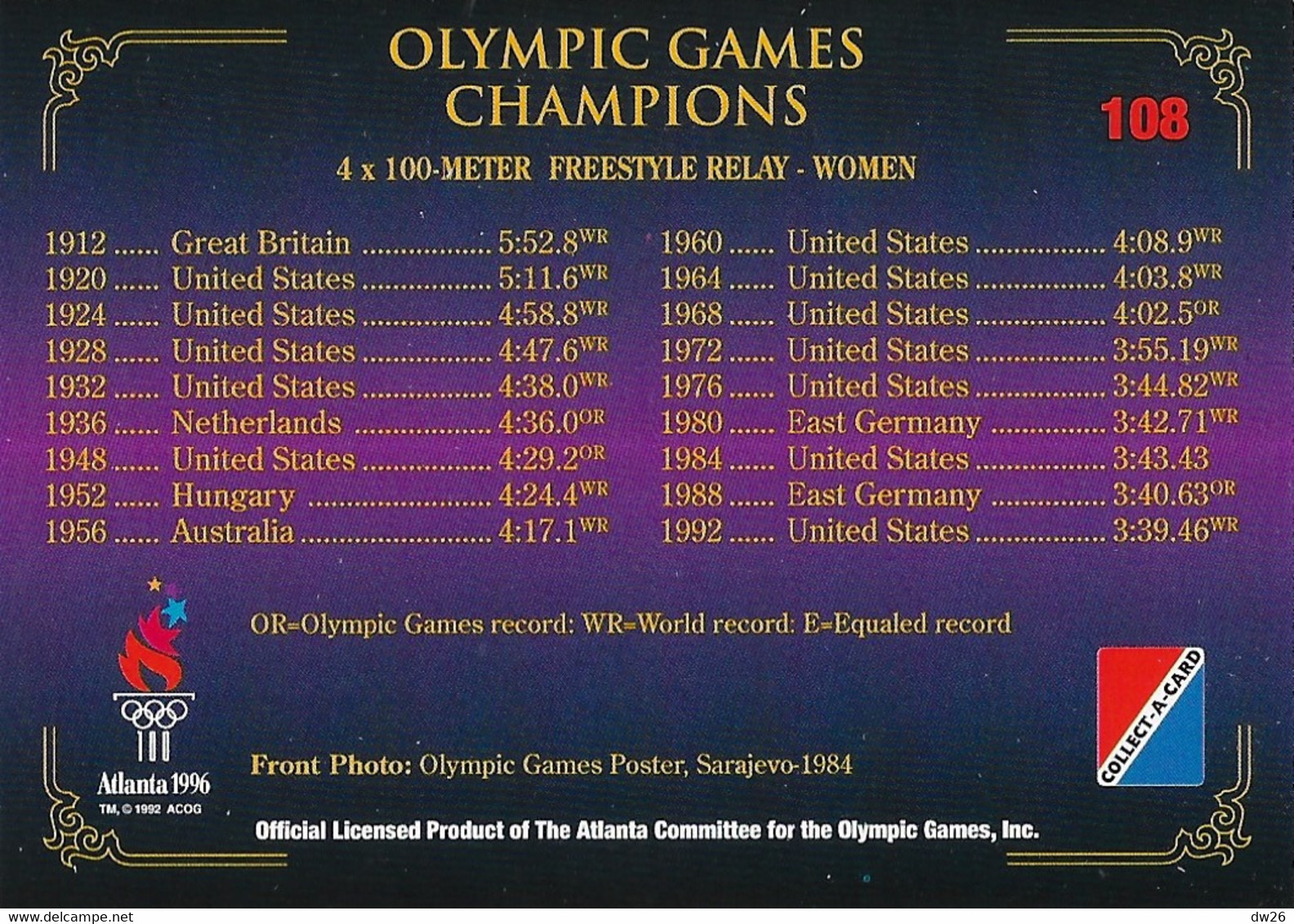 Centennial Olympic Games Atlanta 1996, Collect Card N° 108 - Poster Sarajevo 1984 - Palmarès Relais 4x100 Women Natation - Trading-Karten