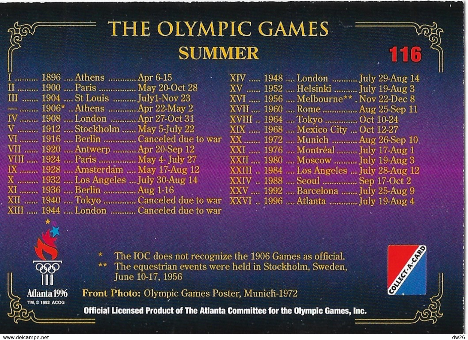 Centennial Olympic Games Atlanta 1996, Collect Card N° 116 - Poster München 1972 - Villes Des Jeux Olympiques D'été - Trading-Karten