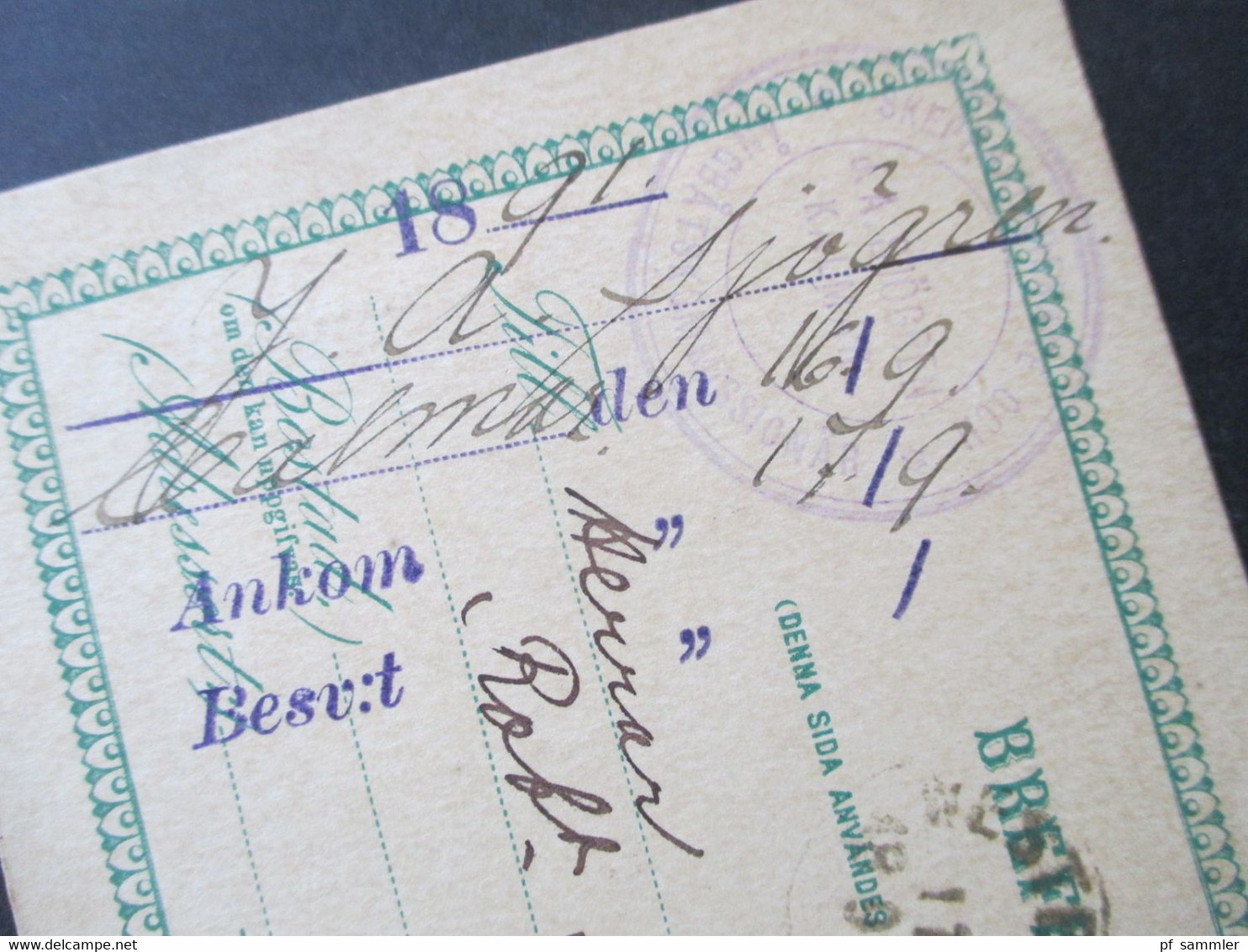 Schweden 1891 GA Mit Ankunftsstempel Und Handschriftlichem Vermerk Und Firmenstempel. Interessante Karte - Brieven En Documenten