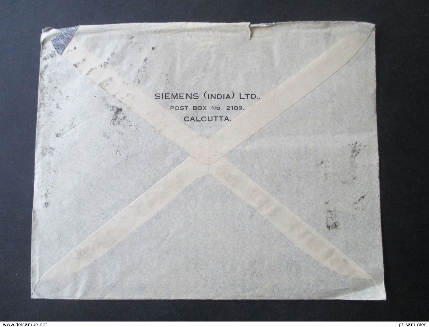 GB Kolonie Indien 1937 Air Mail Luftpostbrief Firmenumschlag Siemens (India) LTD Calcutta - Messrs Telefunken In Berlin - 1936-47  George VI