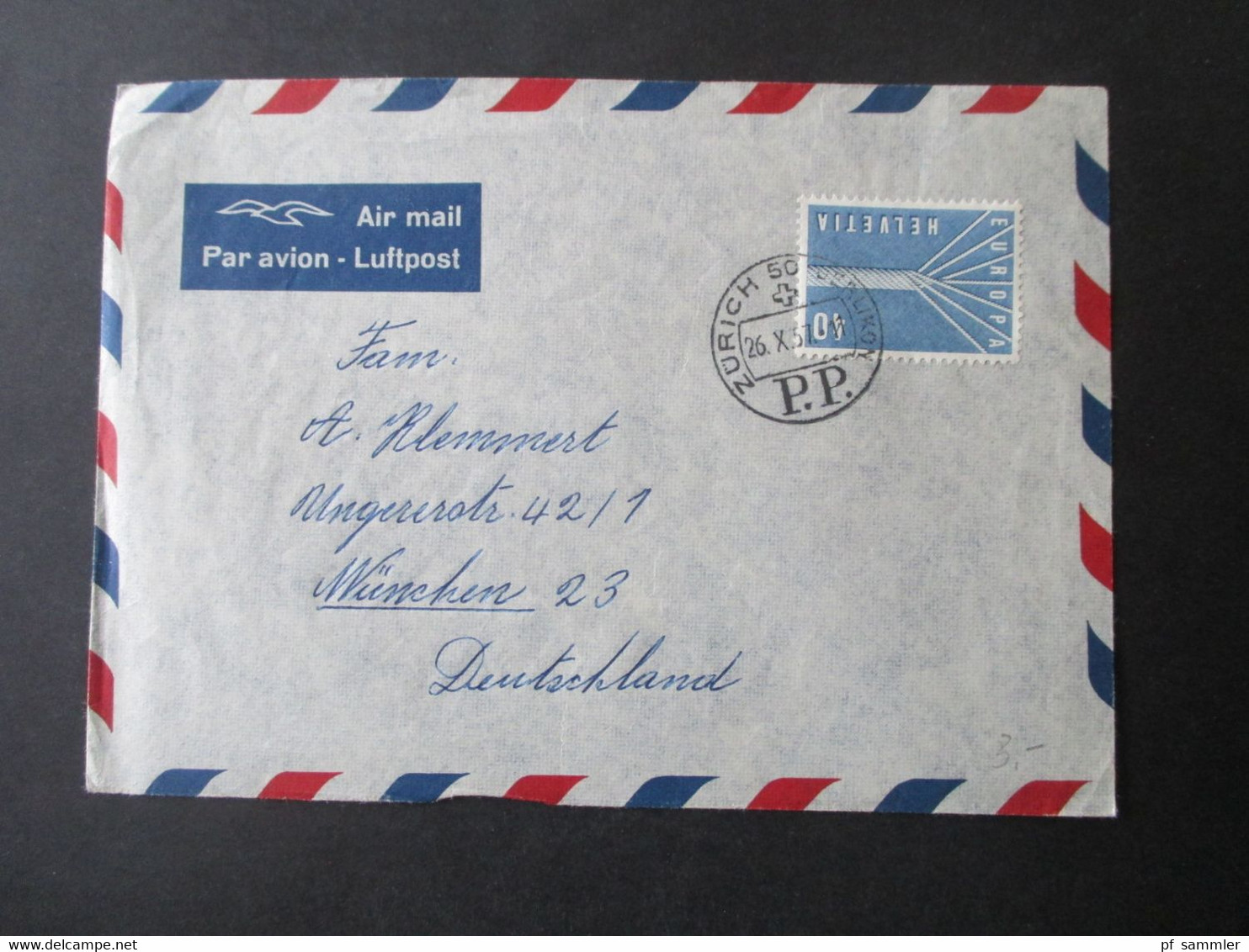 Schweiz 1957 Europa Nr. 647 EF Air Mail Luftpost Beleg Sauberer Stempel Zürich 50 Oerlikon P.P. Nach München - Briefe U. Dokumente