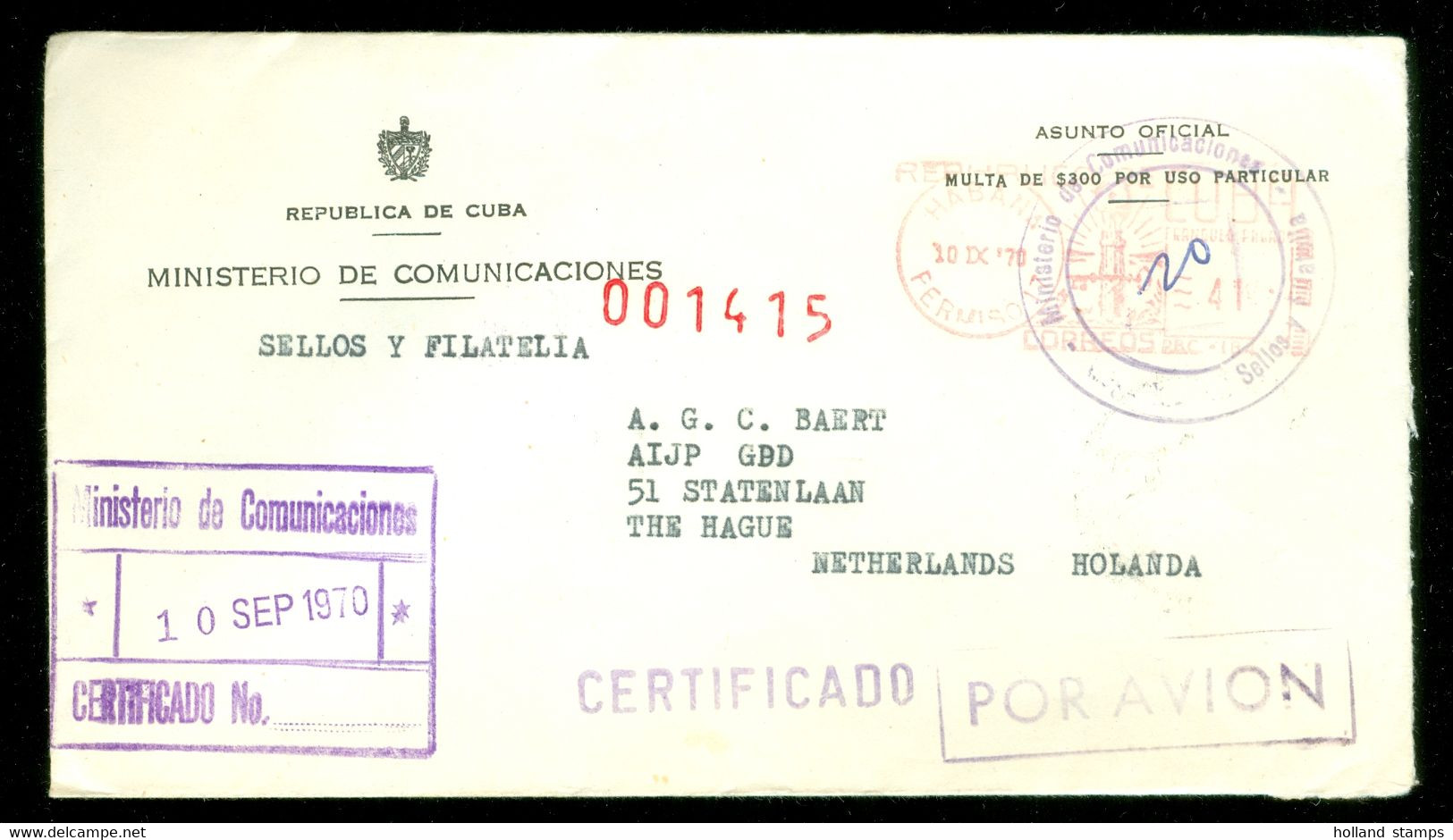 AANGETEKEND * POSTSTUK Uit 1970 Van CUBA Naar  DEN HAAG  (11.853a) - Lettres & Documents