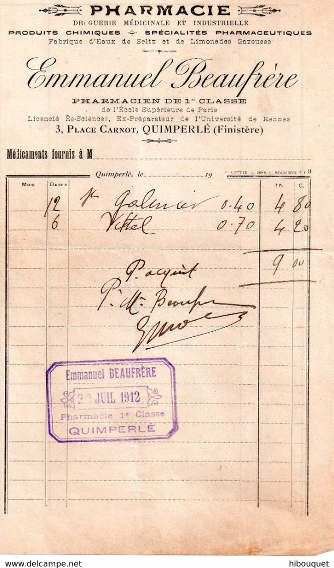 Facture 1912, Pharmacie Emmanuel Beaufrère, Quimperlé (eau De St Galmier Et Vittel) - 1900 – 1949