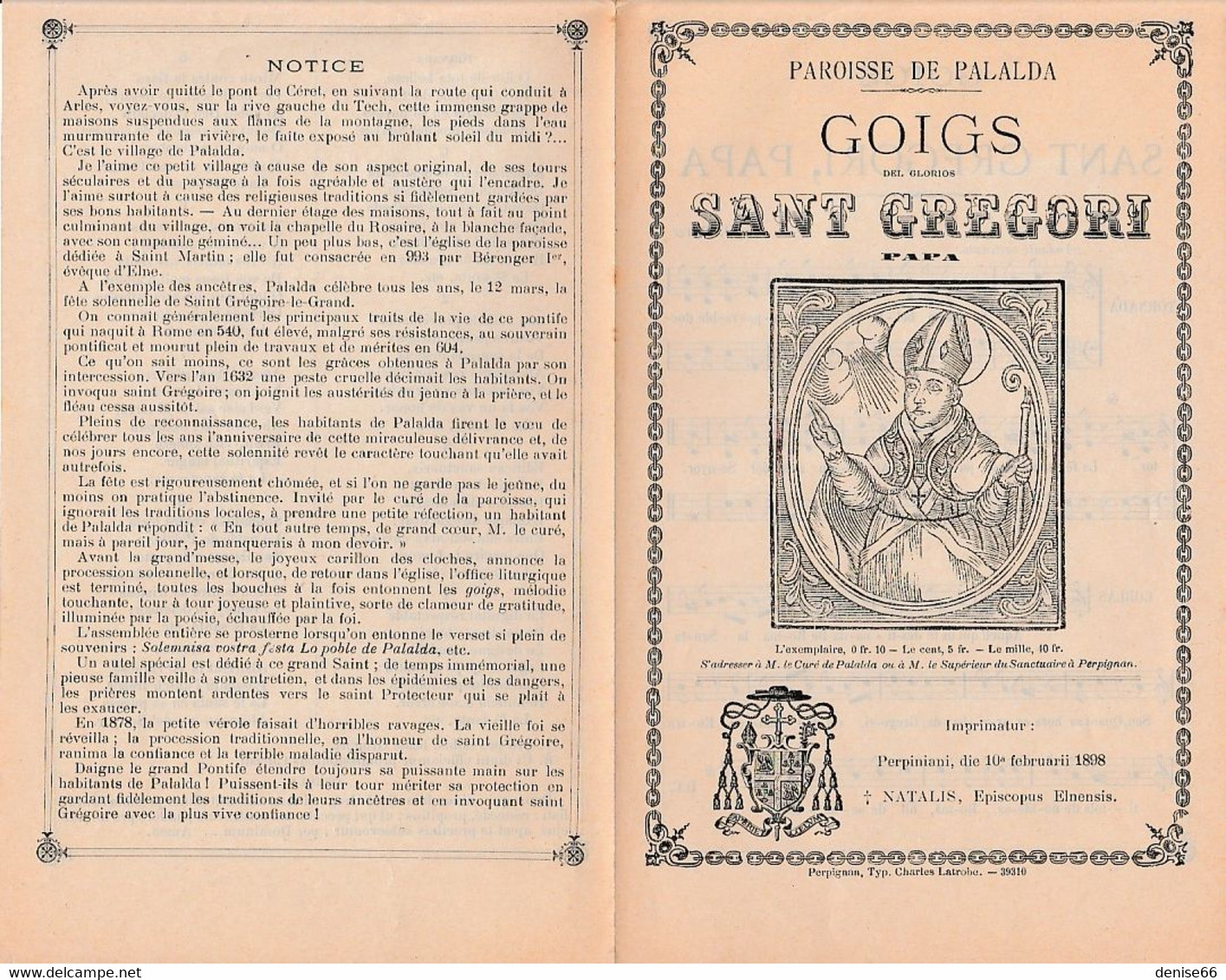 1898 GOIGS Del Glorios SANT GREGORI PAPA - PALALDA - Chant Religieux Catalan Avec Paroles Et Musique - Historische Documenten