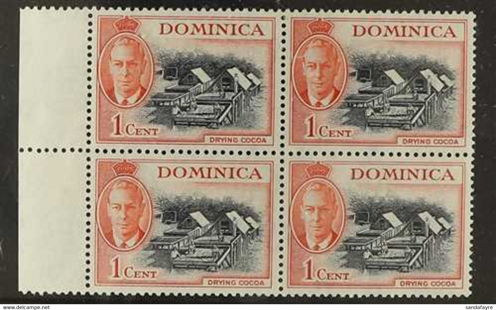 1951 1c Black And Vermilion, "Drying Cocoa", Marginal Block Of 4 One Showing The Variety "partially Broken C & A In Wmk" - Dominica (...-1978)