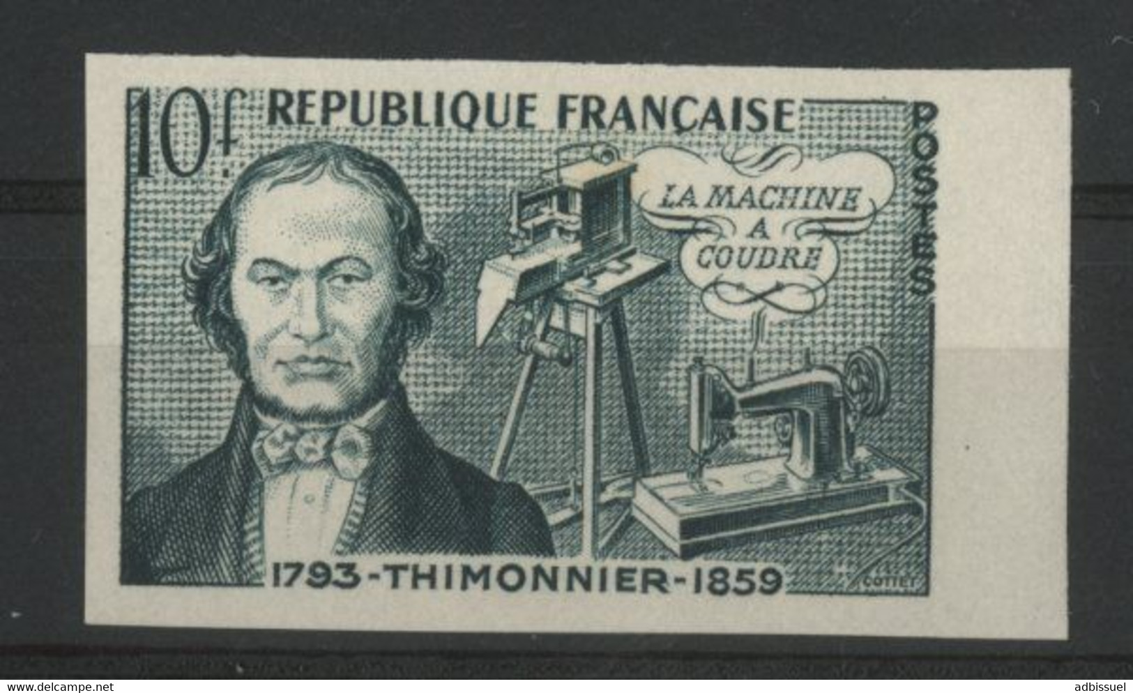 N° 1013 ESSAI NON DENTELE THIMONIER MACHINE A COUDRE. 10Fr Vert Foncé. Neuf ** (MNH). TB - Prove Di Colore 1945-…