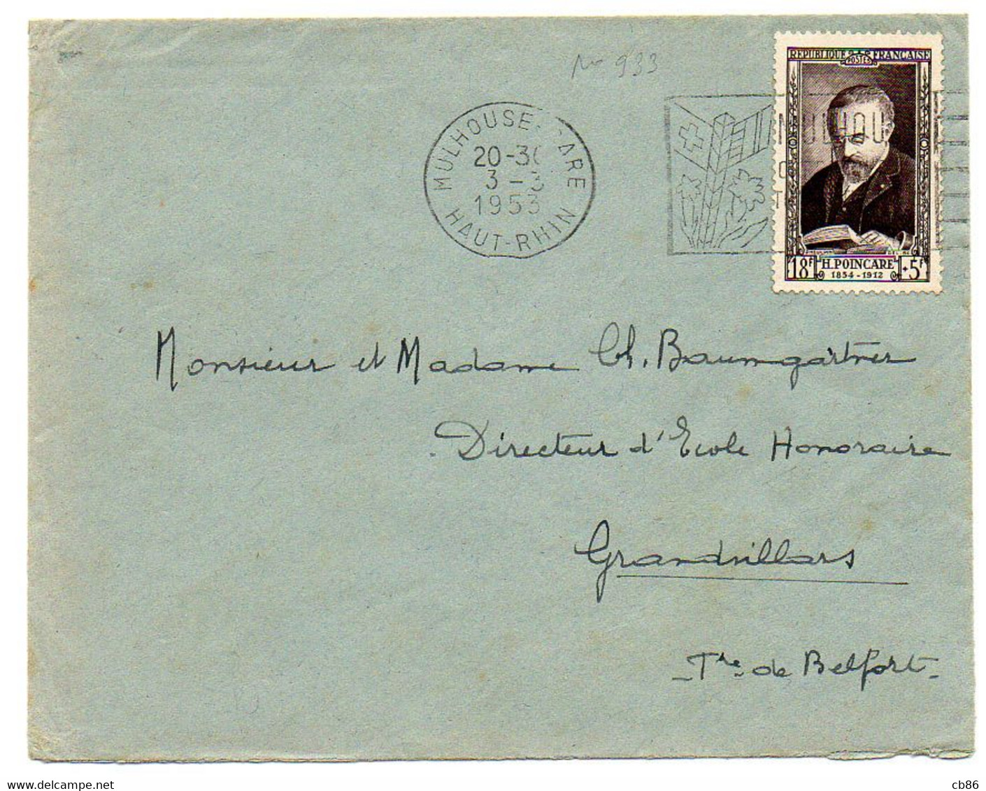 France N° 933 Y. Et T. Flamme Sécap Mulhouse Gare Ht Rhin Du 03/03/1953 - 1921-1960: Modern Period