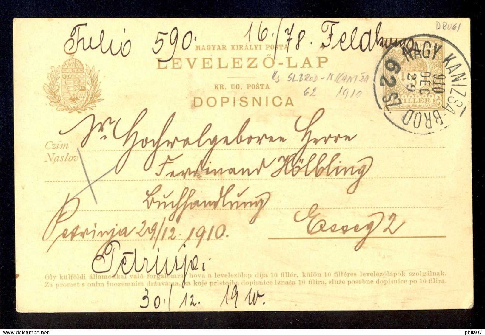 Hungary, Croatia - Stationery Sent 1910 To Osijek By Railway Track NAGY-KANIZSA-BROD 62 SZ. - Other & Unclassified