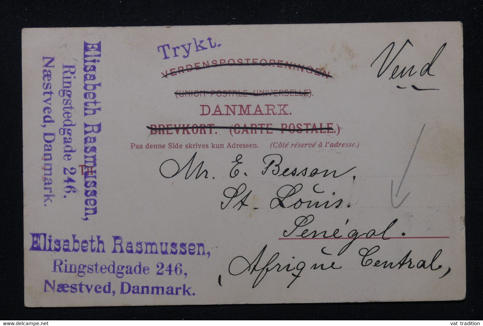 DANEMARK - Affranchissement De Naestved Sur Carte Postale Pour Le Sénégal En 1905 - L 80315 - Briefe U. Dokumente