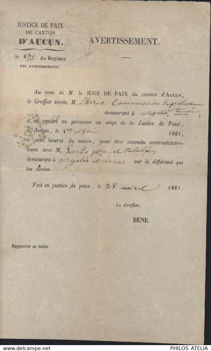 Convocation Justice Canton Aucun Envoyé Sous Bande Cachet Aigle YT 13B CAD T15 Argeles De Bigorre 29 4 61 PC117 - 1849-1876: Periodo Clásico