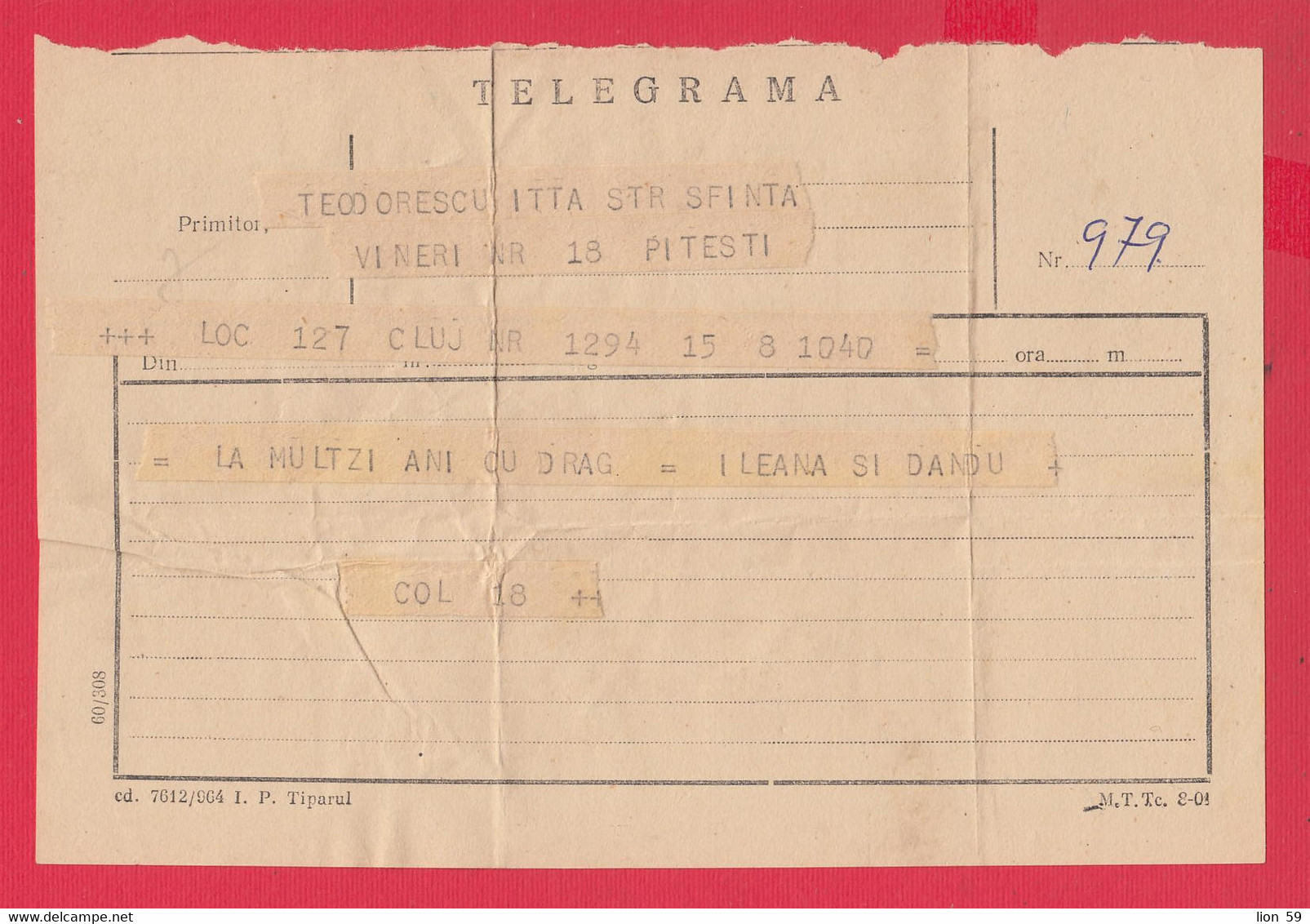 109K27 / Form M.T.Tc. 8-01 Romania Pitești Telegram Telegramme Telegramm Rumanien Roumanie Roemenie - Andere & Zonder Classificatie