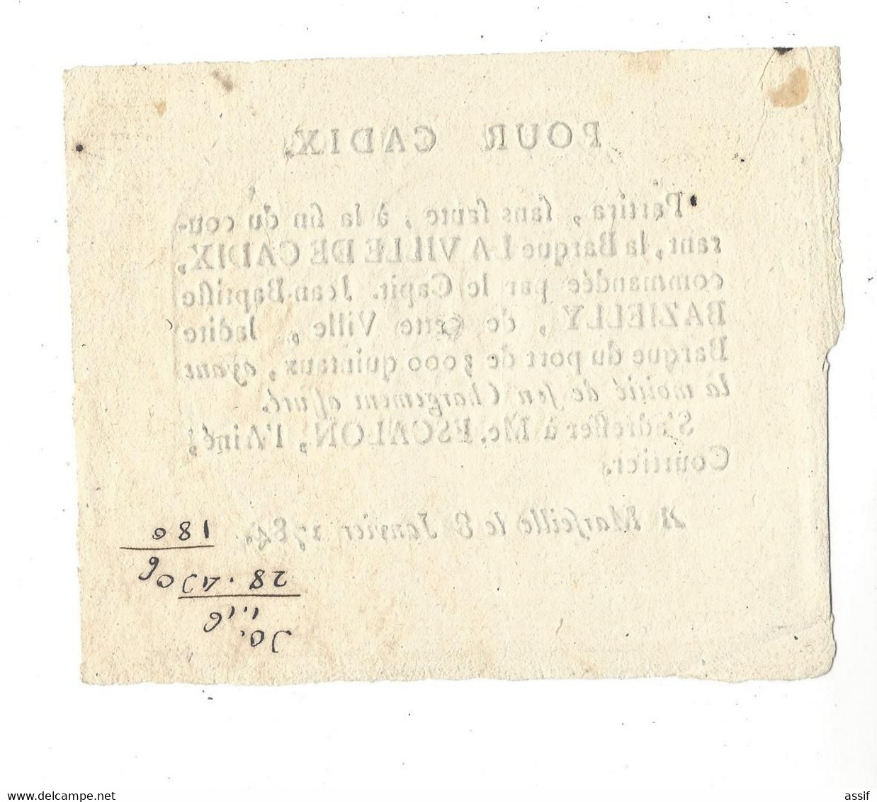 Marseille 1784 ( Annonce   ) Départ  Barque " La Ville De Cadix " Capit. Jean -Baptiste Bazielly , Escalon Courtier - Manifesti