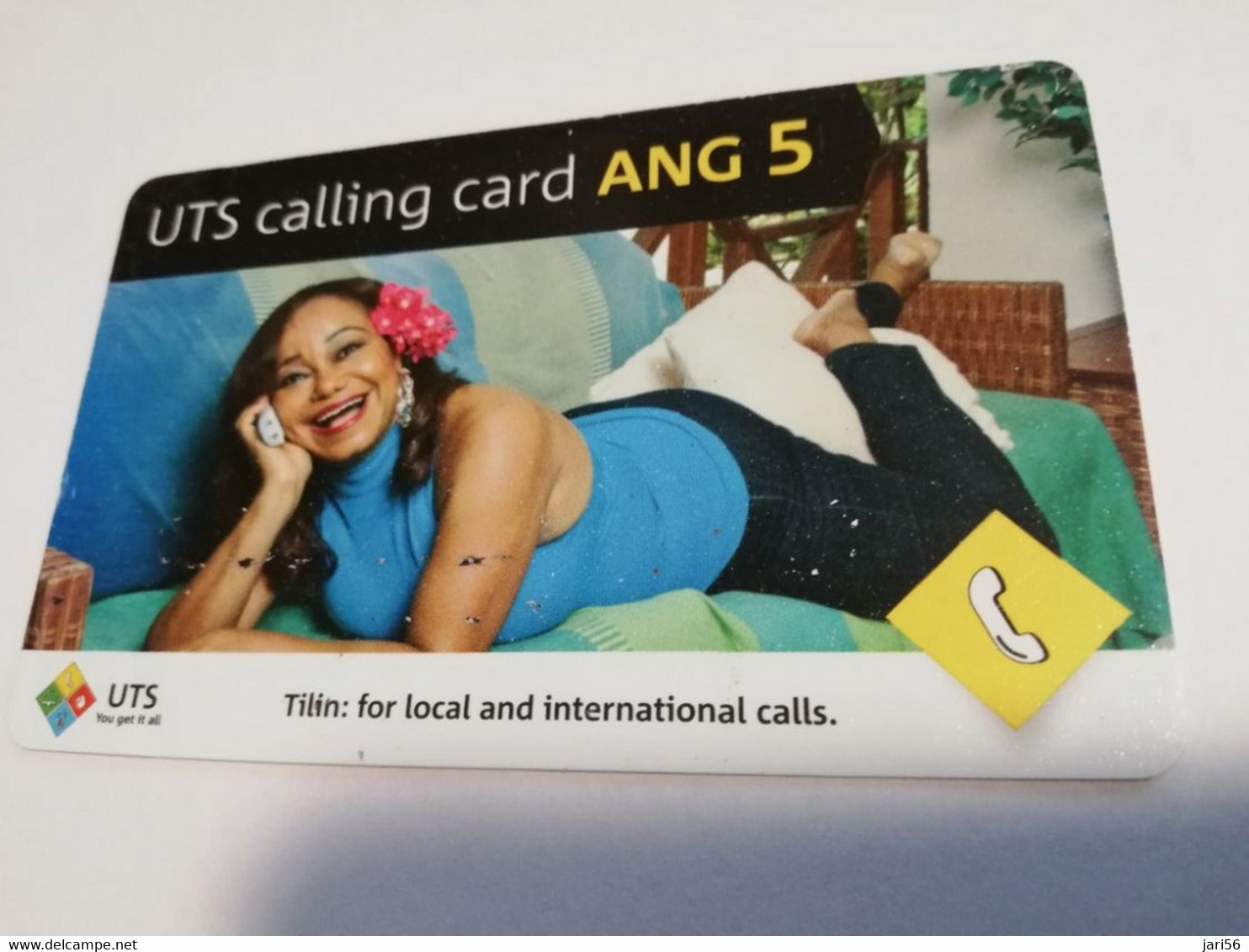 CURACOA  DUTCH  ANG 5,00 PREPAID    LADY ON COUCH ON THE PHONE FINE  USED      ** 4098** - Antilles (Netherlands)