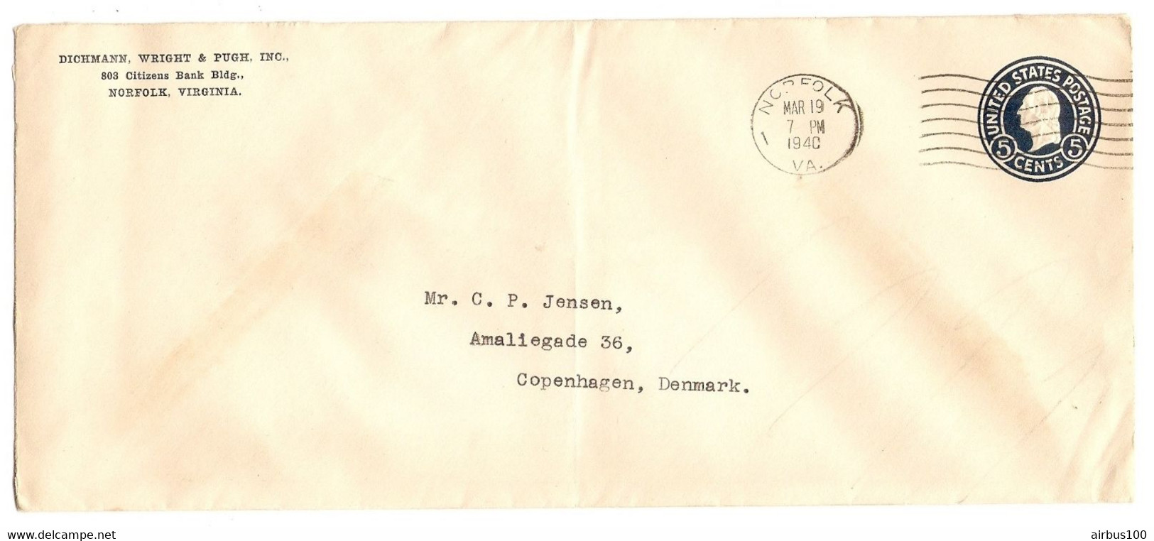 USA LETTER COVER LETTRE NORFOLK 19/3/1940 POUR COPENHAGEN DENMARK -  2 Scans - 1921-40