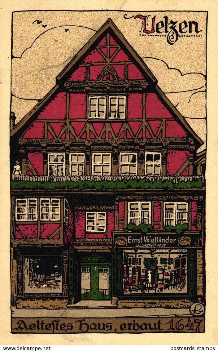 Uelzen, Ältestes Haus, Erbaut 1647, Steindruck AK, Geschäft Von Ernst Voigtländer - Uelzen