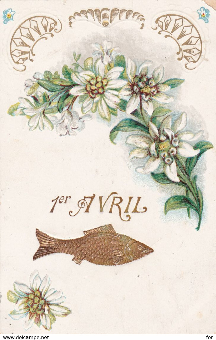 Fête - Voeux : 1er AVRIL : Poisson D' Avril : Gaufrée - Dorée : Poisson Avec Fleurs : 1906 : - 1er Avril - Poisson D'avril