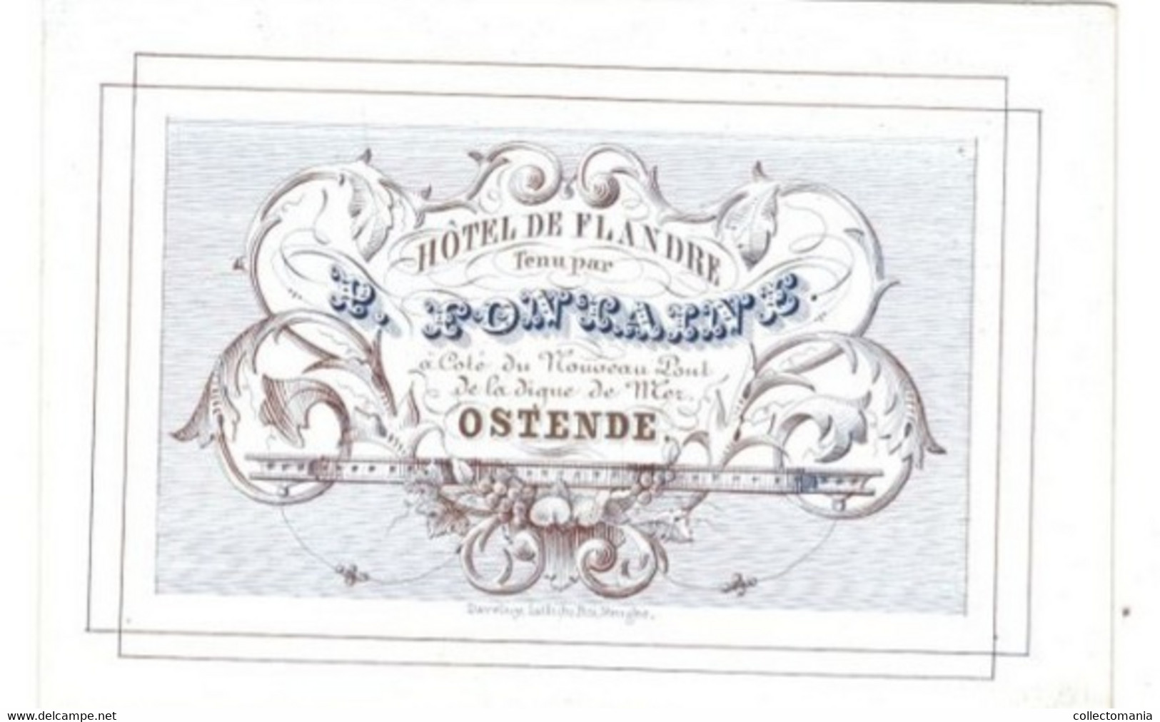 1 Carte Visite Hôtel De Flandre  Tenu Par P.Pontaine Ostende à La Digue De Mer  Litho. Daveluy  10,5x7,5 Cm - Porcelaine