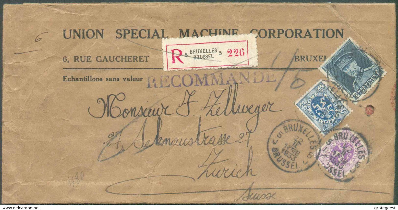 N°281-285-320 - Affr. KEPI-LIONS à 2Fr.45 Obl. Sc BRUXELLES 5 sur Enveloppe Recommandée Au Tarif Echantillon Sans Valeur - 1931-1934 Mütze (Képi)