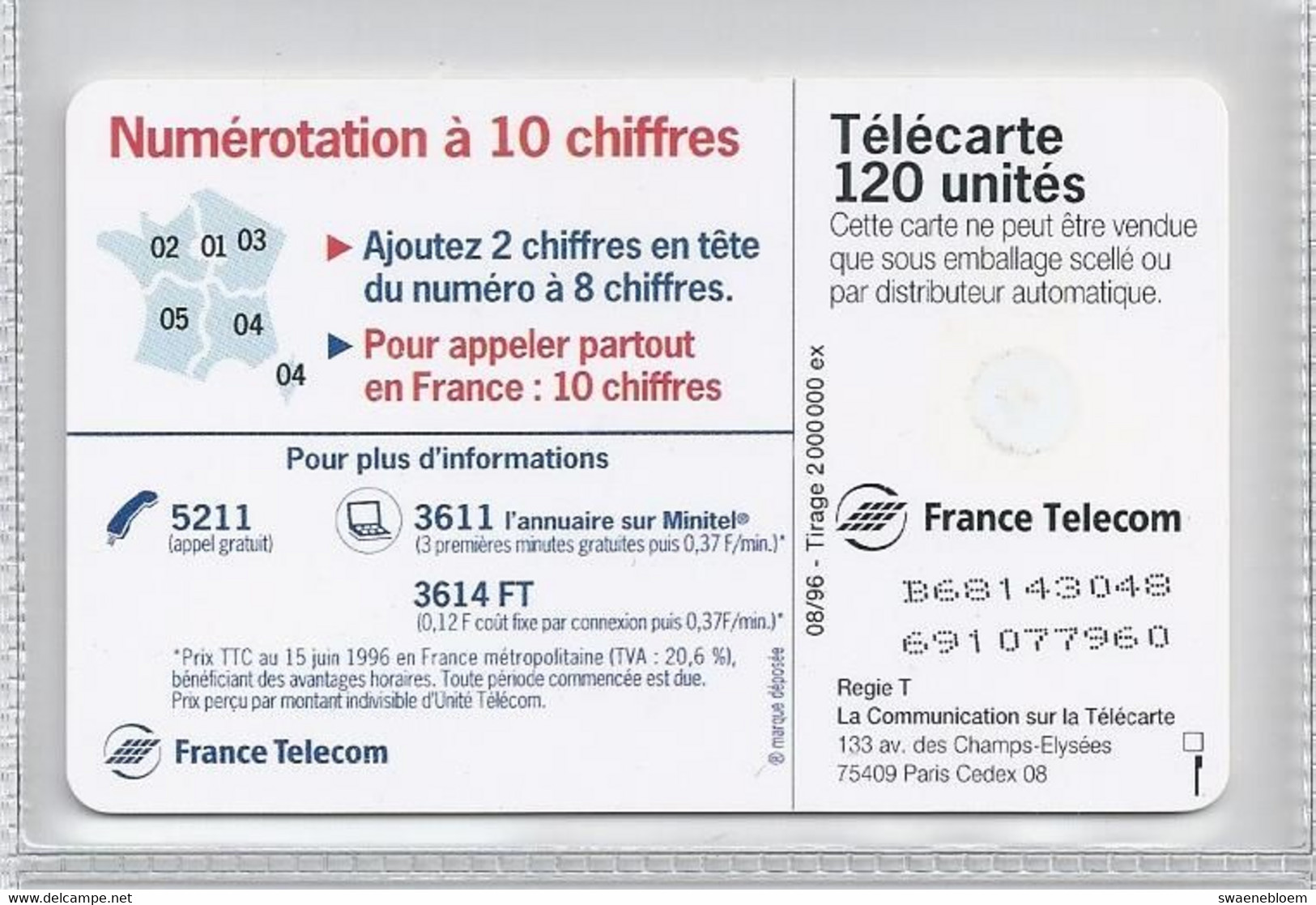 FR.- France Telecom. Télécarte. 18 OCTOBRE 1996 A 23h. Pour Appeler Partout En France. 2 Chiffres En Tete Et 10 Chiffres - Puzzles