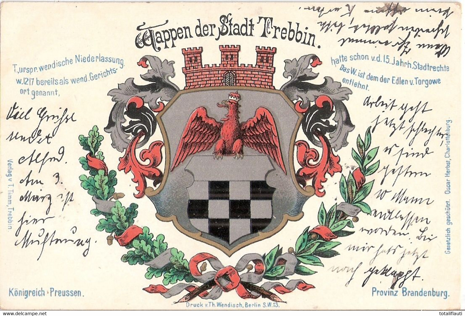 Wappen Der Stadt TREBBIN Kr Teltow Brandenburg Color Litho 14.2..1904 Gelaufen - Trebbin