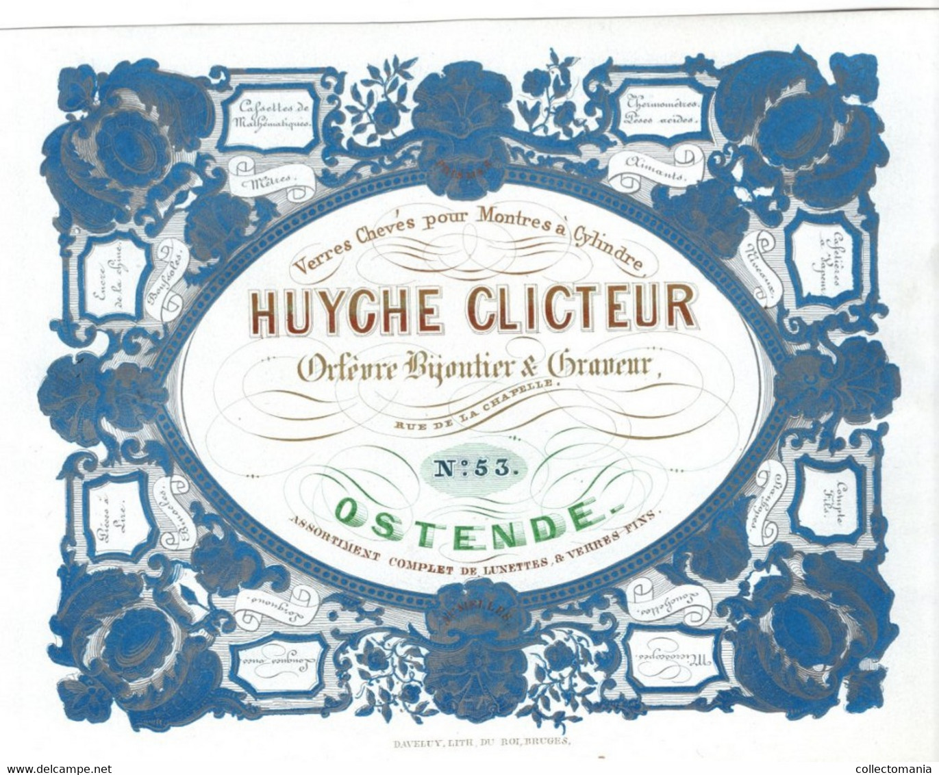1 Carte Visite  Huyghe Clicteur Orfèvre Bijoutier & Graveur Rue De La Chapelle 53 Ostende Lunettes Microscopes Lorgnons - Porcelaine