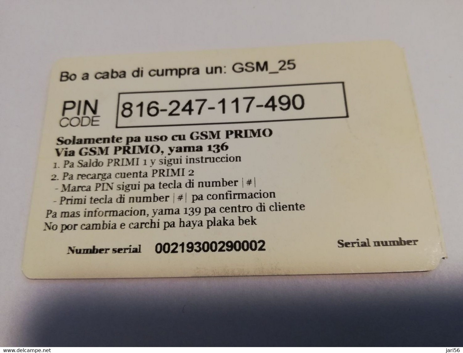 ARUBA PREPAID CARD  SETAR /GSM/PRIMO/BY CELTAR     GSM/  25 /PAPIAMENTO      Fine Used Card  **4153** - Aruba