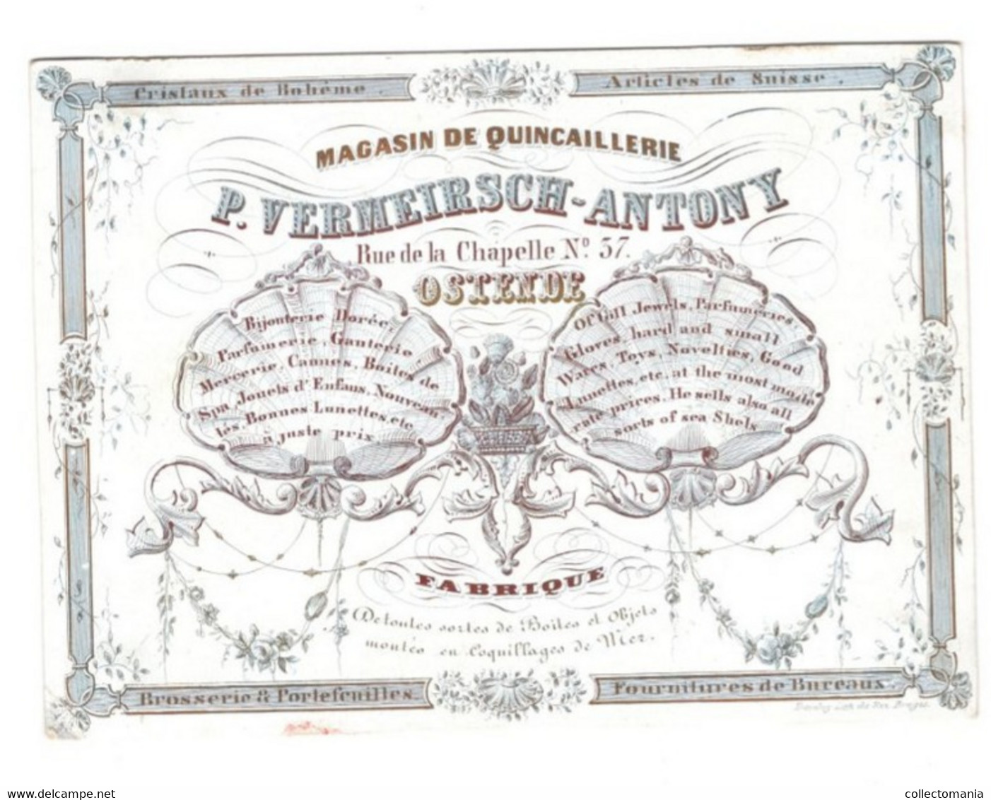 1 Carte Visite Criseaux De Bohème Articles De Suisse Magasin De Quincaillerie Vermeersch-Antony Ostende  Brosserie - Porcelaine