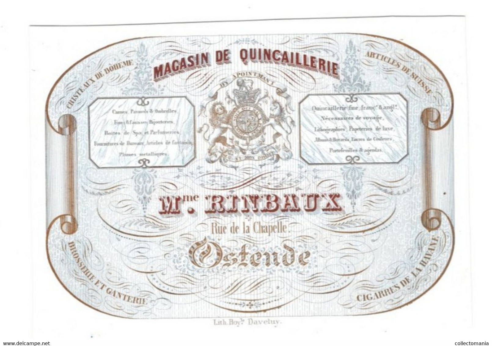 1 Carte Visite Criseaux De Bohème Articles De Suisse Magasin De Quincaillerie Mme Rinbaux Ostende  Cigares De Havane - Porcelaine