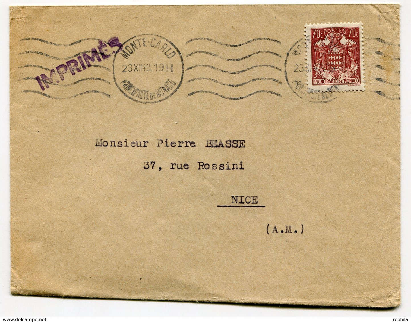 RC 19529 MONACO N° 254 SEUL SUR ENVELOPPE AU TARIF DES IMPRIMÉS POUR NICE FRANCE - Cartas & Documentos