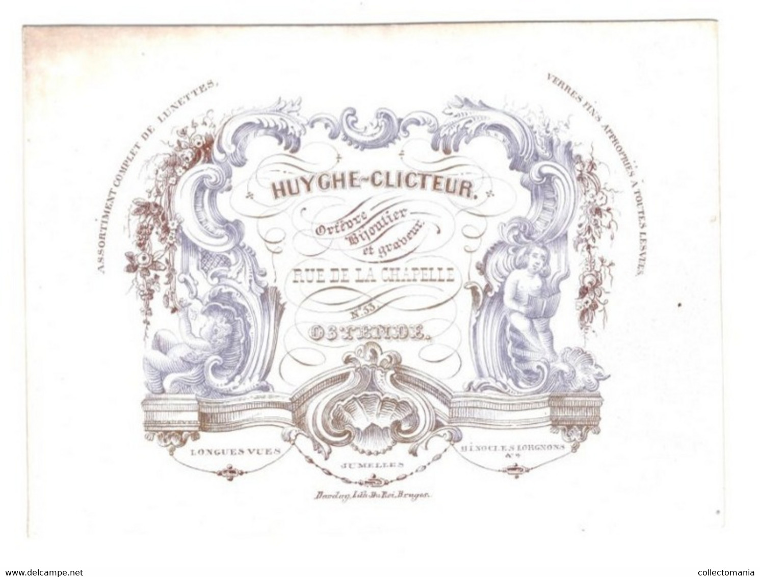 OOSTENDE1845 Litho Handpers Huyghe Clicteur Orfèvre Bijoux Graveur Rue De La Chapelle 53 Lunettes Microscopes Lorgnons - Porcelaine