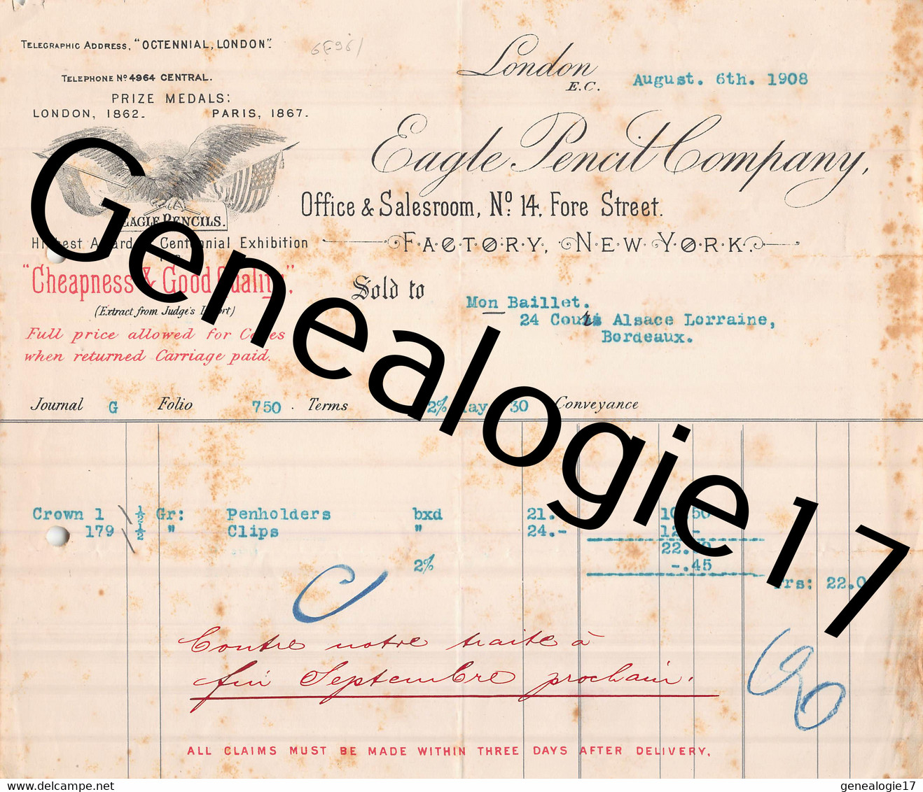 96 2759 ANGLETERRE ENGLAND LONDON LONDRES 1908 EAGLE PENCIL COMPANY Dest BAILLET - United Kingdom