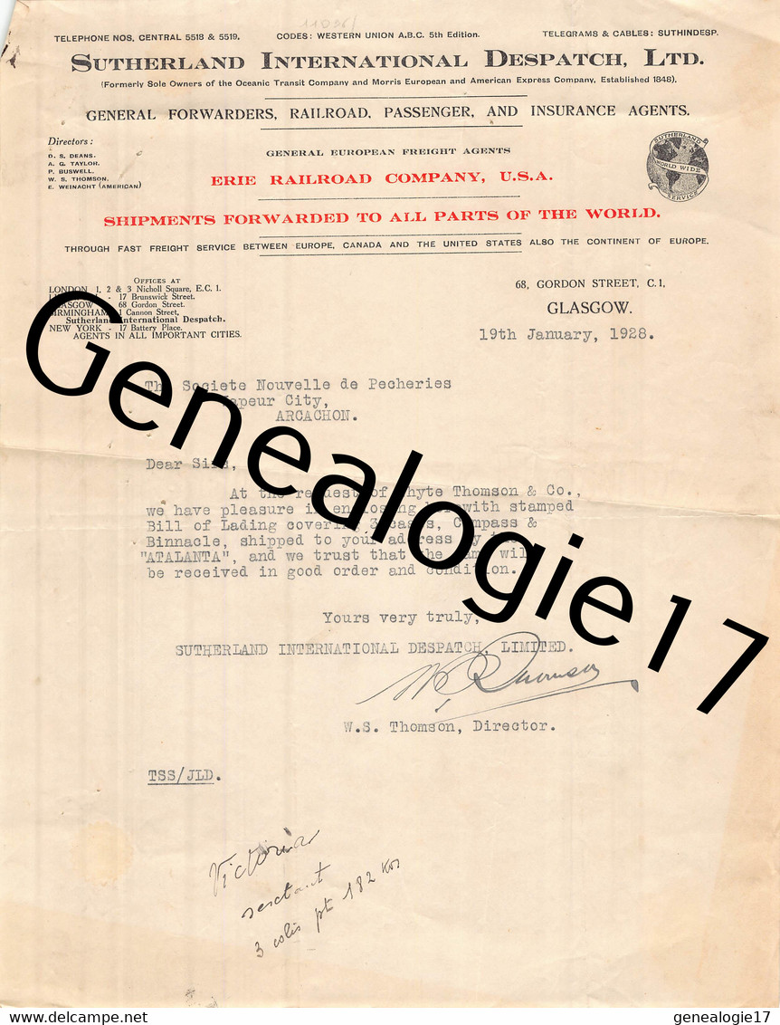 96 2764 ANGLETERRE ENGLAND LONDON LONDRES GLASGOW 1928 Sutherland International Despatch - Signe W. S. THOMSON - Royaume-Uni