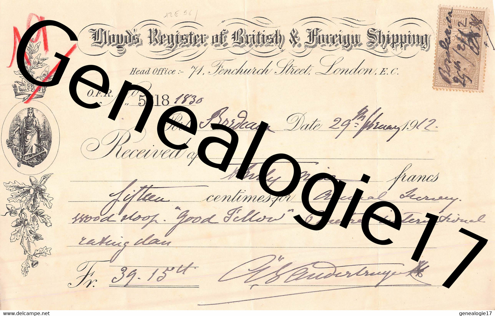 96 2765 ANGLETERRE ENGLAND LONDON LONDRES 1912 Mods Register Of British Foreign Shipping - Reino Unido